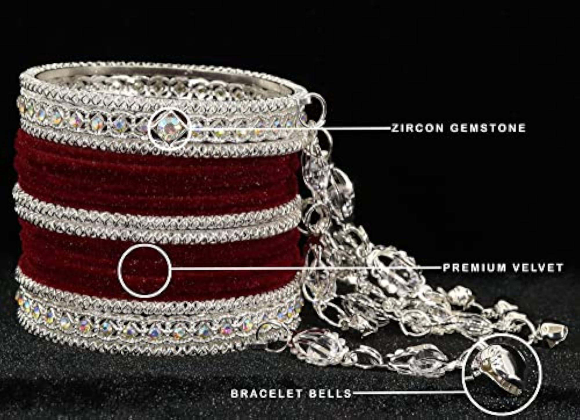 Zircon Gemstone Velvet Bangles Set with Bells, Pack of 40